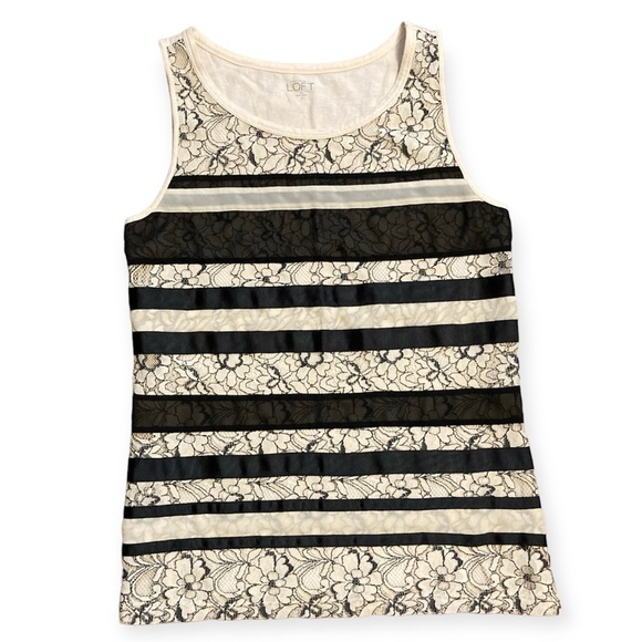Ann Taylor LOFT Lace and Ribbon Tank T-Shirt Women’s Small Black Ivory - Picture 1 of 7
